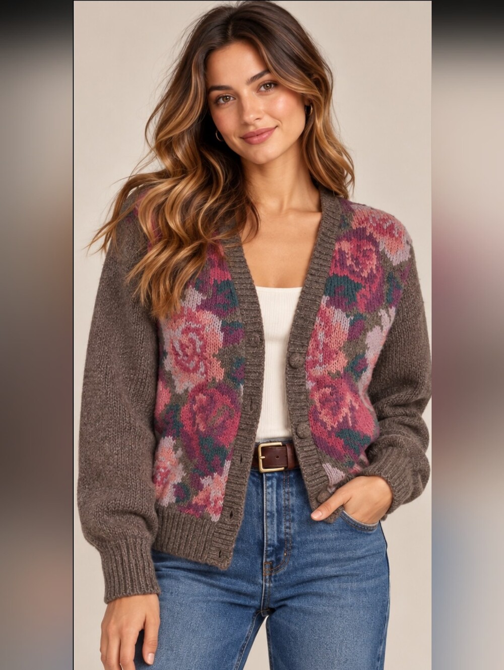 JH Collectibles Vintage Lambswool Floral Rose Cardigan Sweater Brown Pink. SM